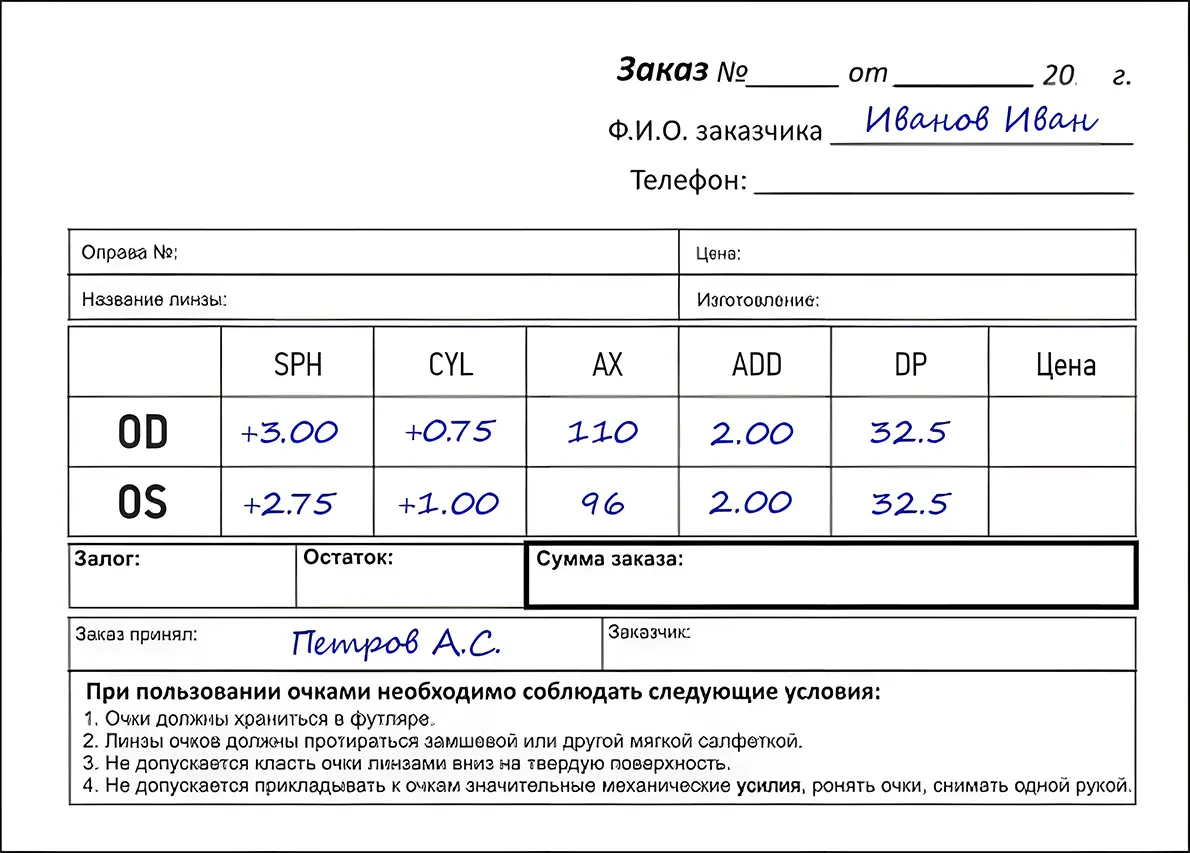 Расшифровка данных рецепта на очки
